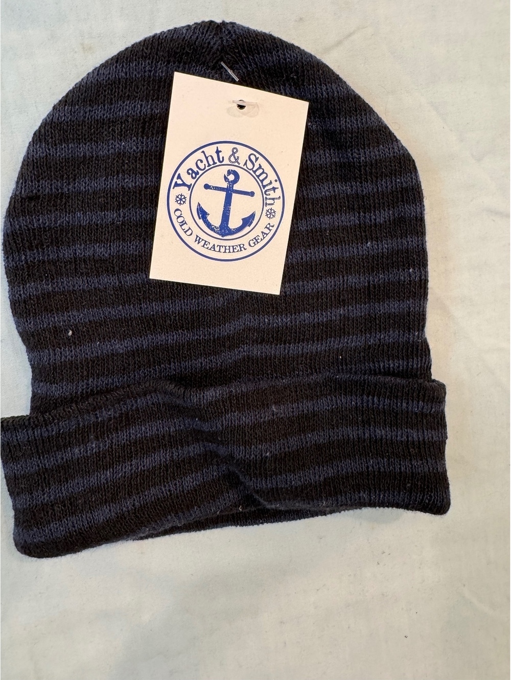 Yacht & Smith Black Blue Striped Knit Beanie Winter Hat NWT Unisex